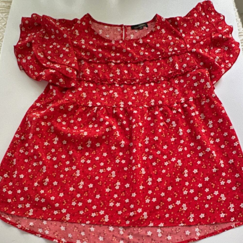 Suzanne Betro Womens XL Red White Floral Ruffle Flutter Sleeve Chiffon Blouse